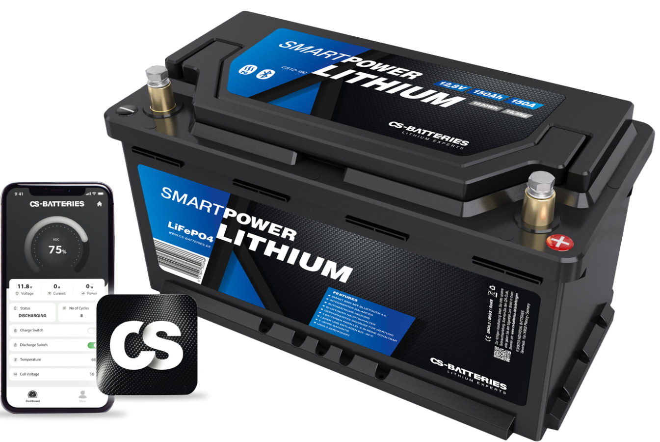12-8 V-150 Ah-C20-Lithium-1920 Wh-353 x 175 x 189 mm-1Forster-Smart-Power-CS12-150