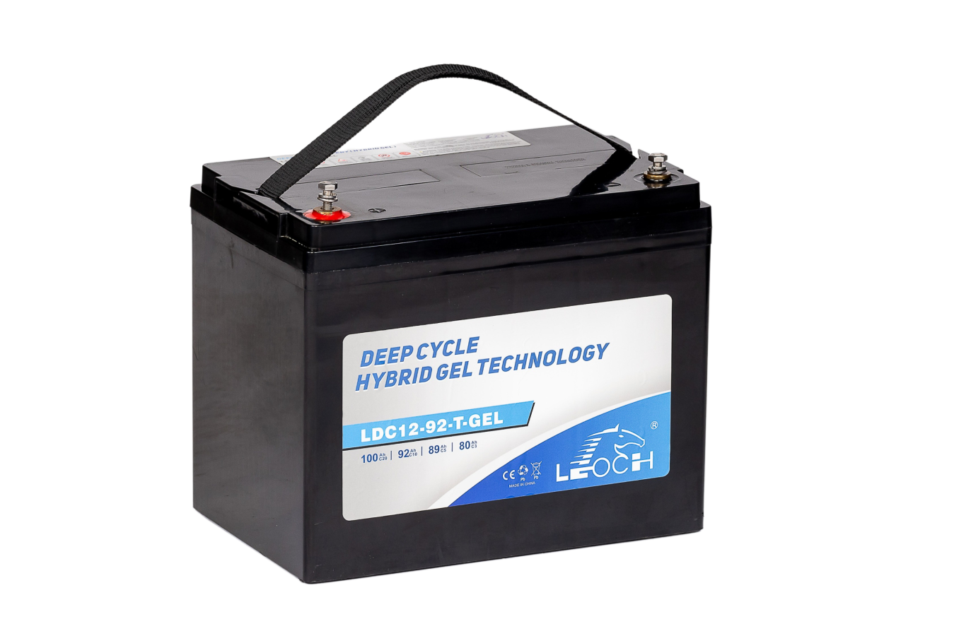 12 V – 100 Ah – C20 – 92 Ah – C10 – 89 Ah – C5 – 260 x 171 x 210 mm – 1 Leoch Gel Power LDC12-92GEL