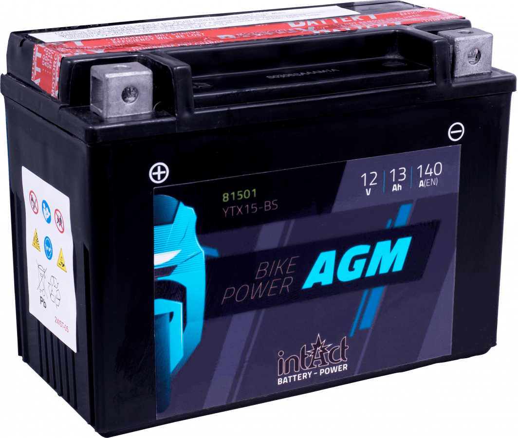 12 V – 15 Ah – C20 – 140 A – 175 x 87 x 130 mm – 1 – Intact Bike Power AGM YTX15 BS