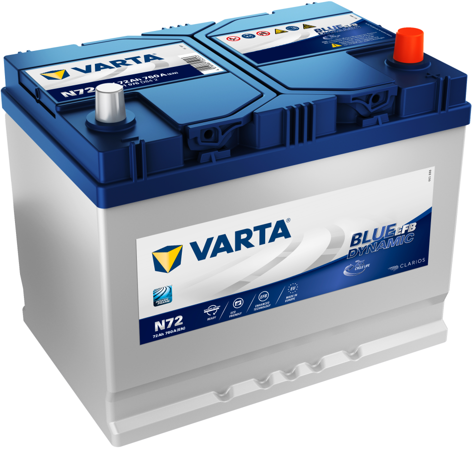 12 V – 72 Ah – C20 – 760 A – 260 x 175 x 225 mm – 0 Varta – Blue Dynamic EFB Asia V572501076 – N72