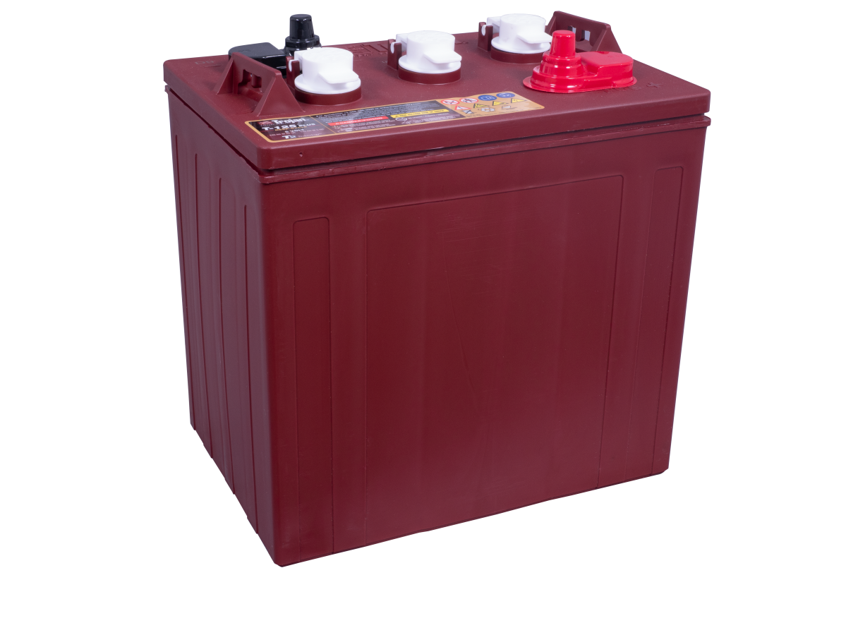6 V – 195 Ah – C5 – 240 Ah – C20 – 266 Ah – C100 – 262 x 181 x 281 mm – 0 Trojan Deep Cycle T125