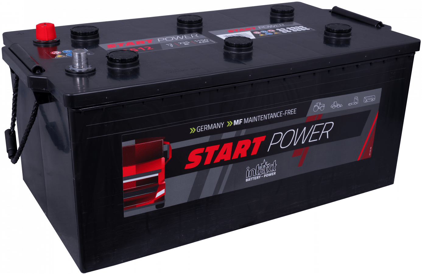 12 V – 225 Ah – C20 – 1150 A – 518 x 276 x 242 mm – 3 intakt – Startleistung – 72512