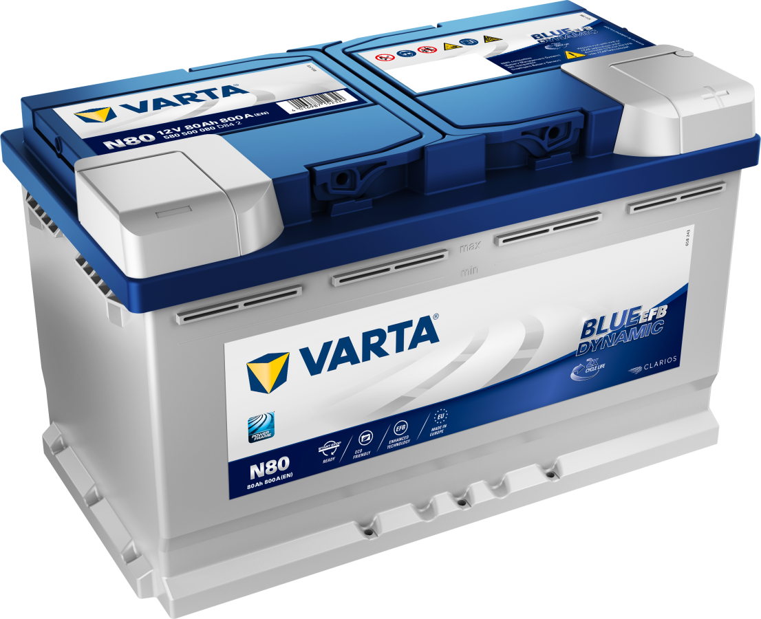 12 V - 80 Ah - C20 - 800 A - 315 x 175 x 190 mm - 0 Varta - Blue Dynamic EFB V580500080 - N80